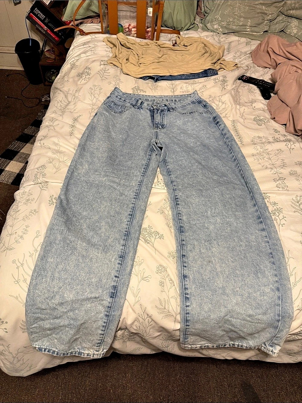 SHEIN ICON Embroidered Bow Washed Denim Jeans Blue Waist 27